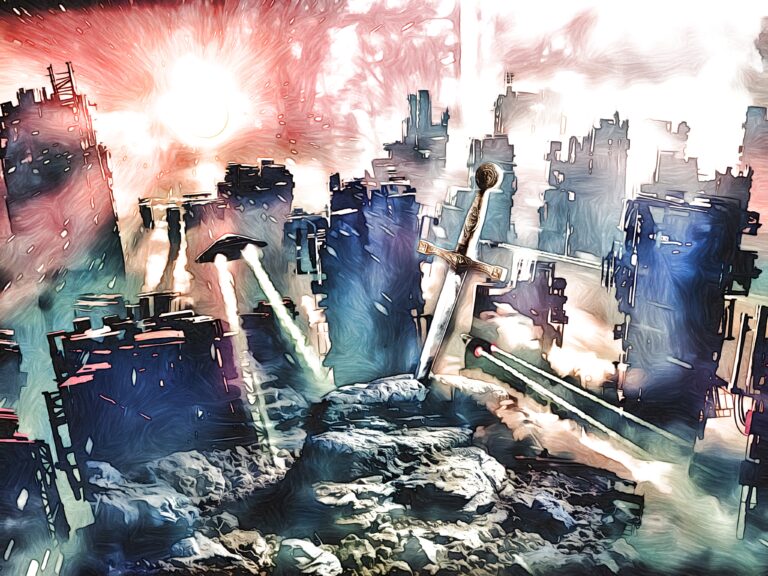 Futuristische Stadt, die von Raumschiffen angegriffen wird.