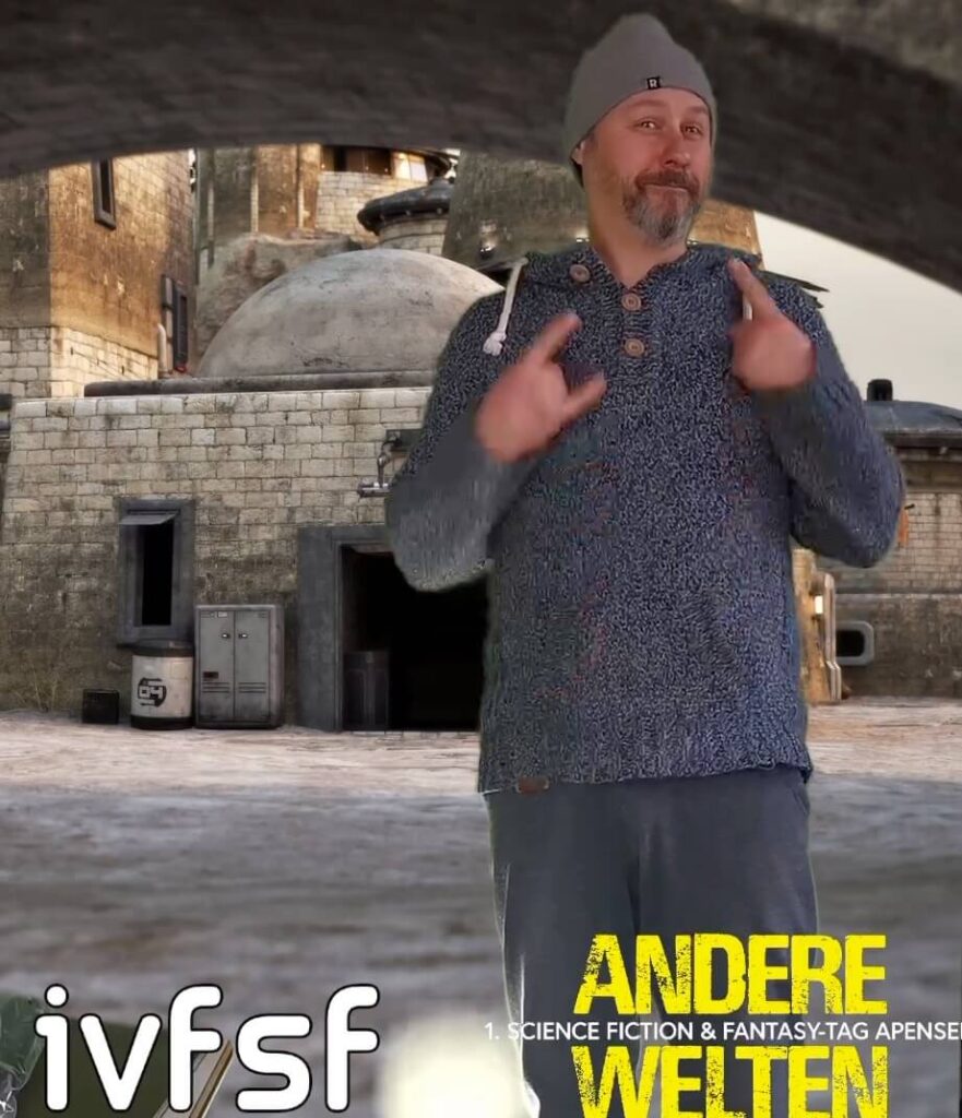 Mann posiert vor digitalem Bild auf Greenscreen für eine Test-Aufnahme (Bild 2 von 2)