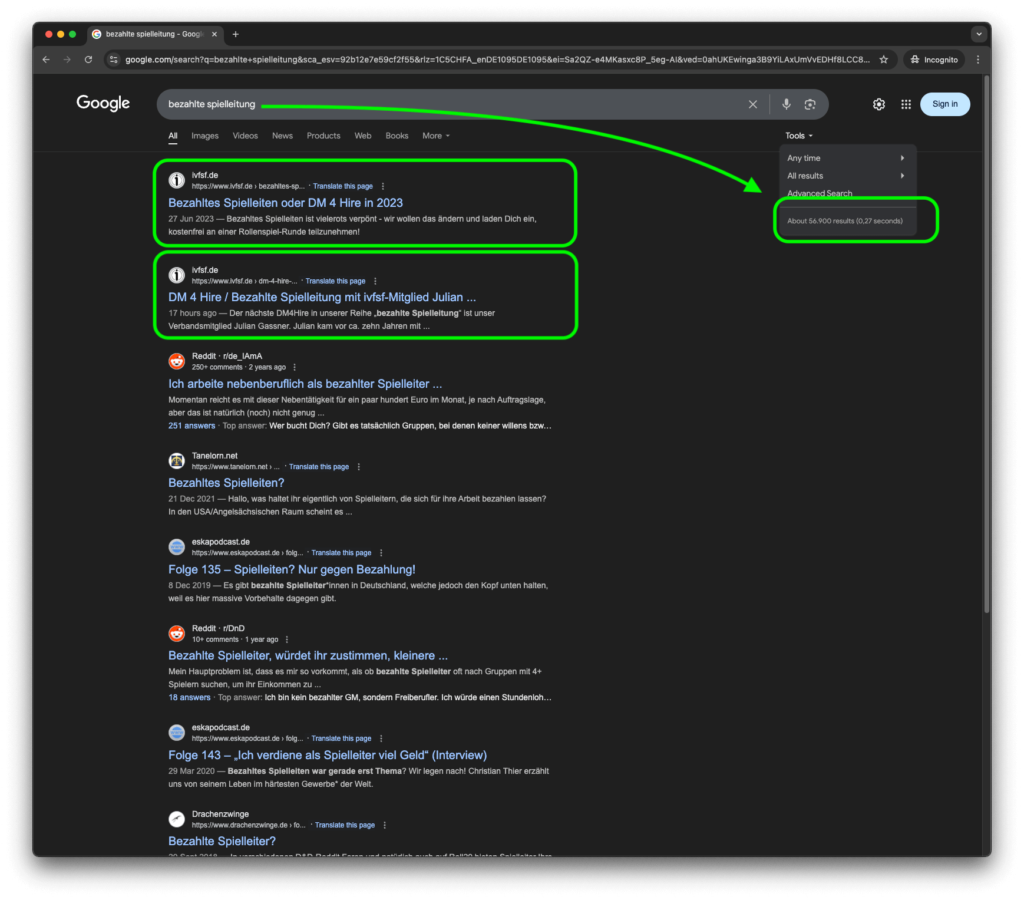 Google SERP zu "Bezahlte Spielleitung"