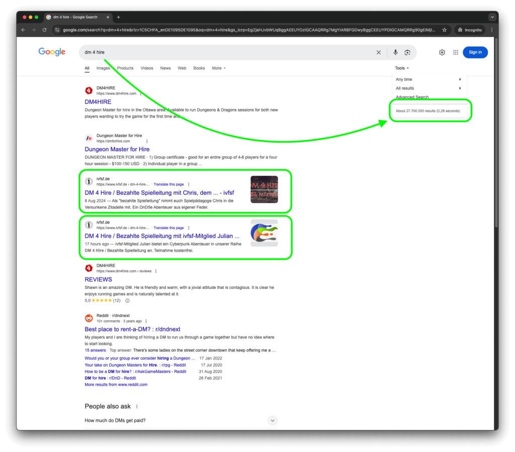 Google SERP zu "DM 4 Hire"