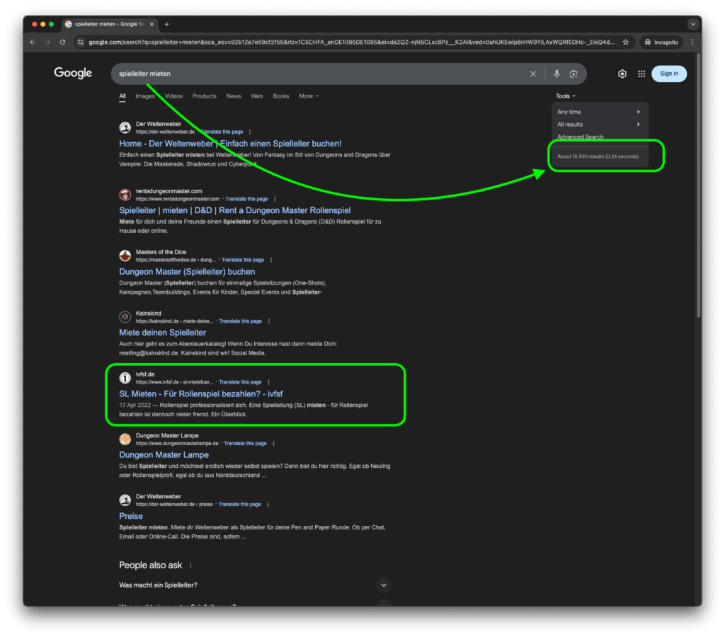 Google SERP zu "Spielleiter mieten"