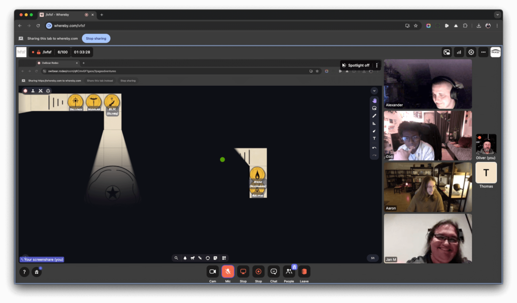 Screenshot der Rollenspiel-Runde mit der SL, den Teilnehmenden und Owlbear Rodeo als VTT