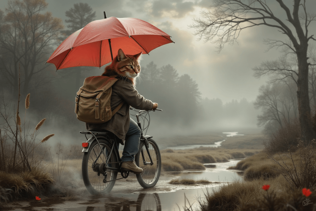 a cat riding a bicycle while holding an umbrella
